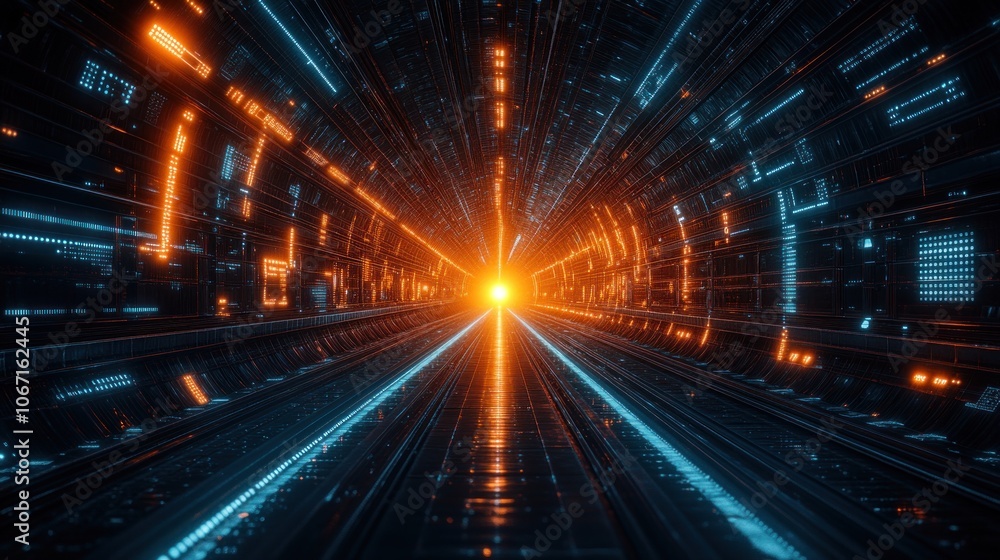 Abstract digital tunnel with glowing lines and light at the end. Abstract digital tunnel with glowing lines and light at the end.