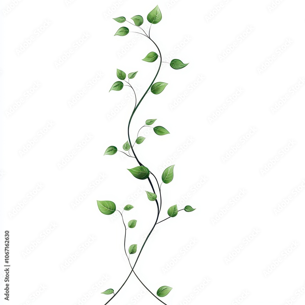 A thin vine with small leaves, delicate nature element, vector art, smooth green tones, isolated on white background A thin vine with small leaves, delicate nature element, vector art, smooth green tones, isolated on white background