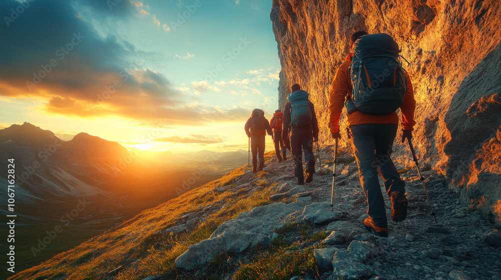 Group of hikers reaching a mountain summit at sunrise, breathtaking view, sense of achievement Group of hikers reaching a mountain summit at sunrise, breathtaking view, sense of achievement