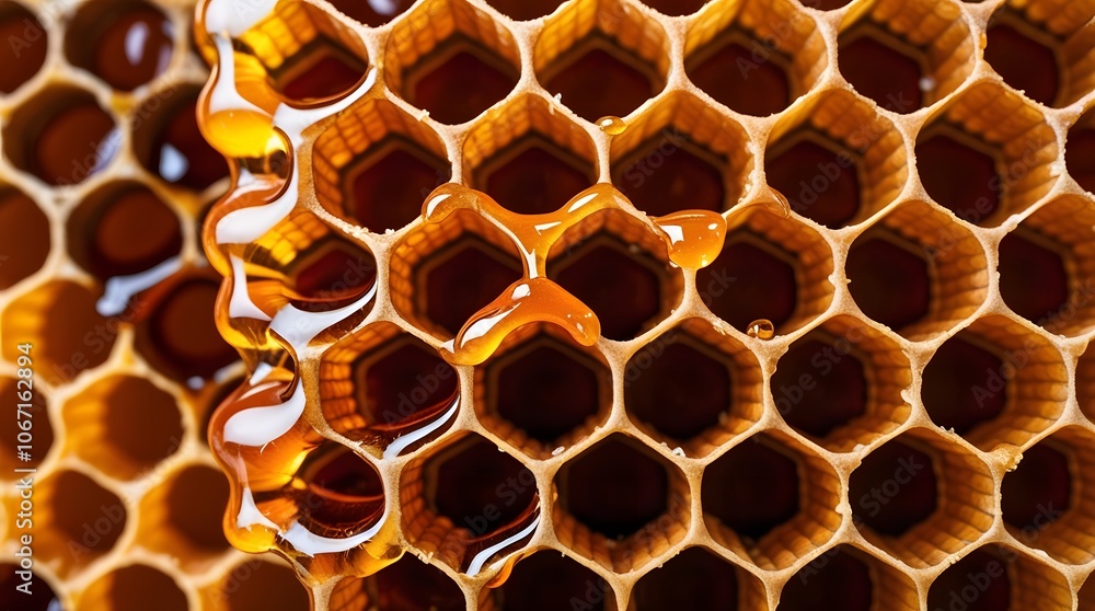 An extreme close-up of a honeycomb dripping with golden honey, focusing on the hexagonal structure and the glossy, sticky texture of the honey. An extreme close-up of a honeycomb dripping with golden honey, focusing on the hexagonal structure and the glossy, sticky texture of the honey.