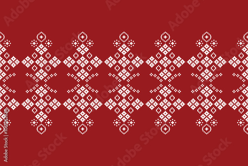 Ethnic pattern traditional motifs ikat geometric fabric pattern cross stitch. Embroidery Ethnic oriental Pixel red background. Abstract,vector,illustration. Texture,christmas,decoration,wallpaper.