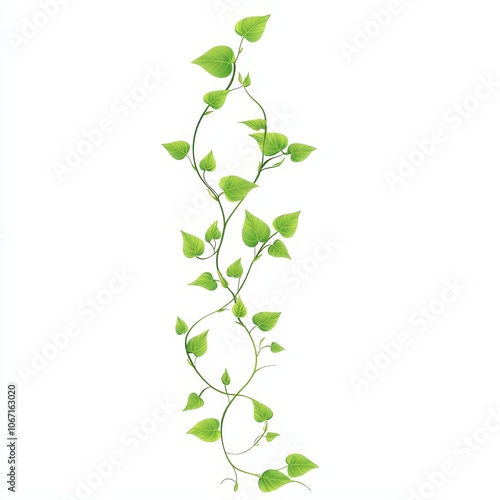 A thin vine with small leaves, delicate nature element, vector art, smooth green tones, isolated on white background photo