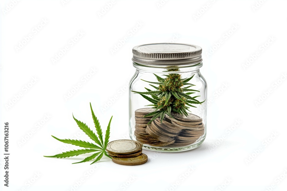 A glass jar filled with coins and a cannabis plant, symbolizing investment in the marijuana industry.