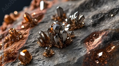 A detailed view of tiny crystal formations on a rock surface, with earthy colors like warm grays, rust, and bronze. photo