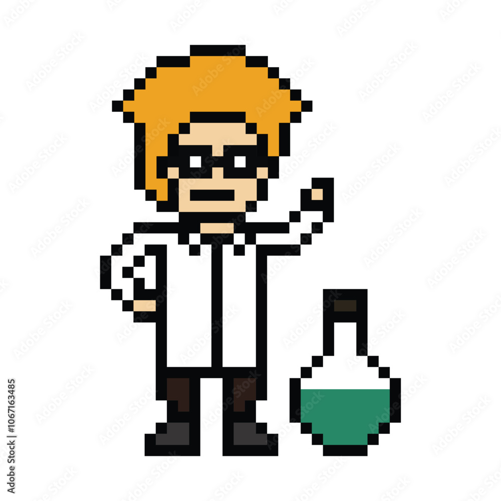 Fototapeta premium Cartoon cute pixel 8bit character man doctor or scientist game care for decoration pharmacist male doctor uniform in hospital 8 bit male pixel art png vector.