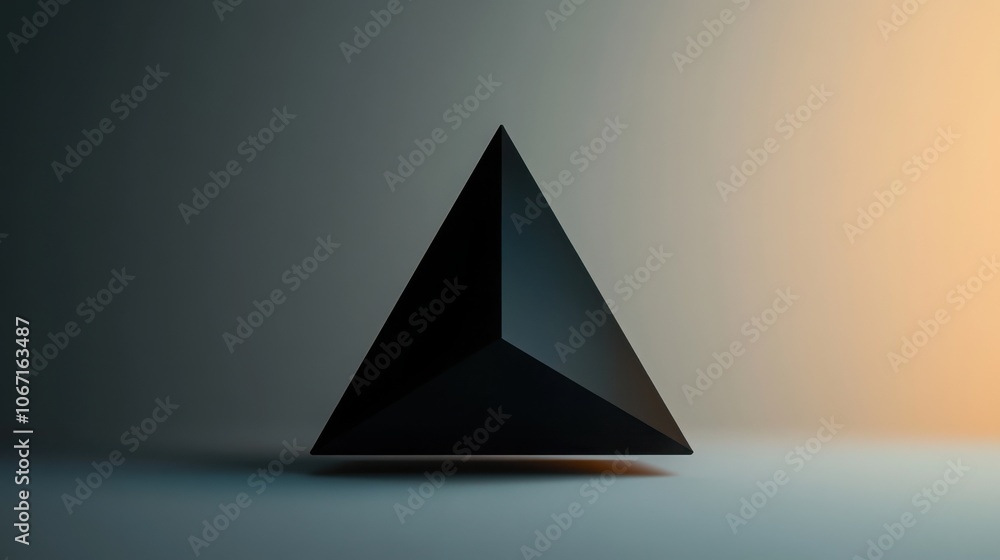 A floating 3D triangle prism, rendered in matte black, floating on a gradient background of gray to black. A floating 3D triangle prism, rendered in matte black, floating on a gradient background of gray to black.