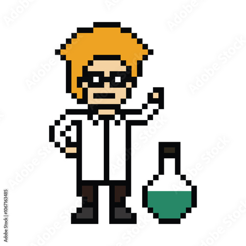 Cartoon cute pixel 8bit character man doctor or scientist game care for decoration pharmacist male doctor uniform in hospital 8 bit male pixel art png vector.