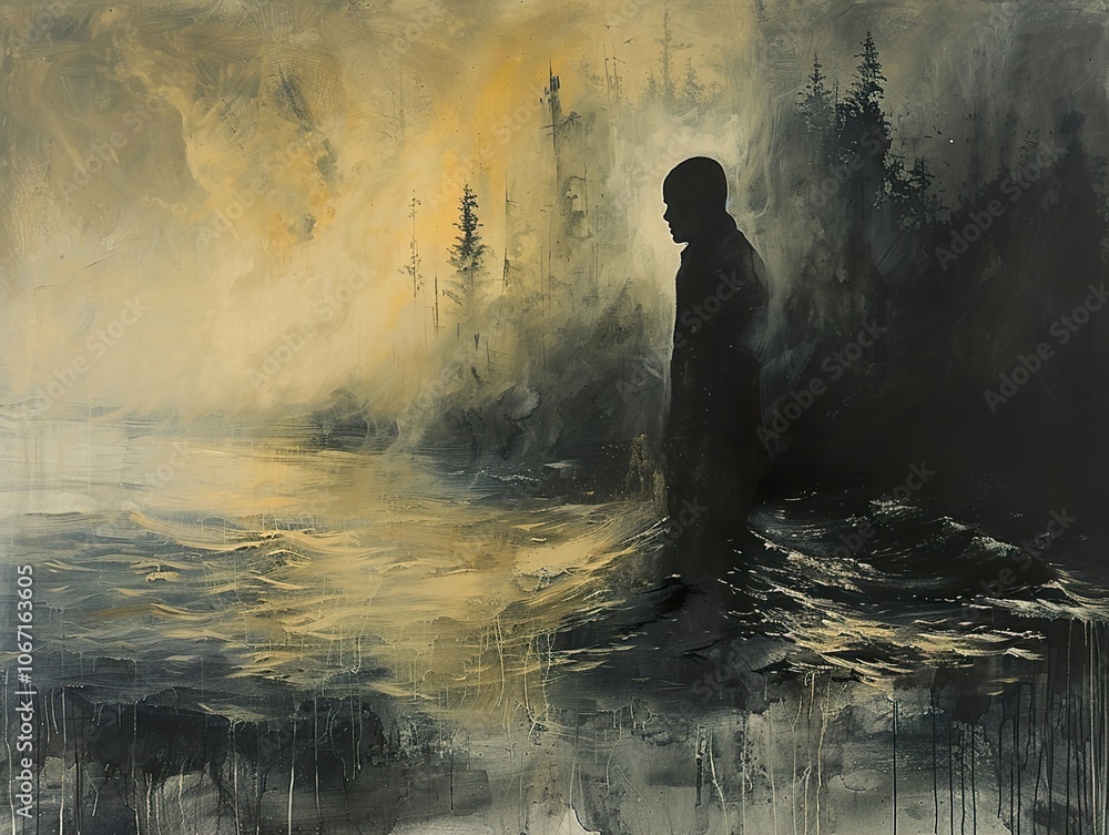 Obraz premium Silhouette Figure in Misty Forest Landscape with Golden Light