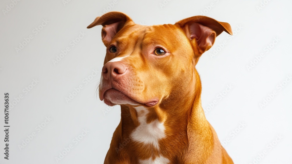 Close-up of a Pit Bull with calm expression, seated on a white background, challenging stereotypes with a gentle gaze. Close-up of a Pit Bull with calm expression, seated on a white background, challenging stereotypes with a gentle gaze.
