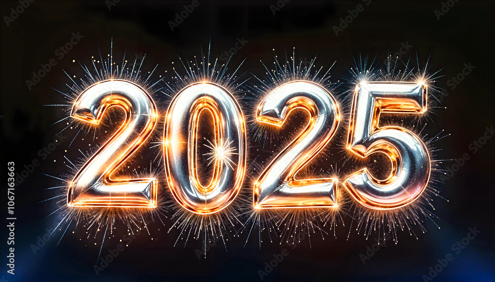 2025 Happy New Year silver chrome effect 3d on a dark background - holiday card. 2025 Happy New Year silver chrome effect 3d on a dark background - holiday card.
