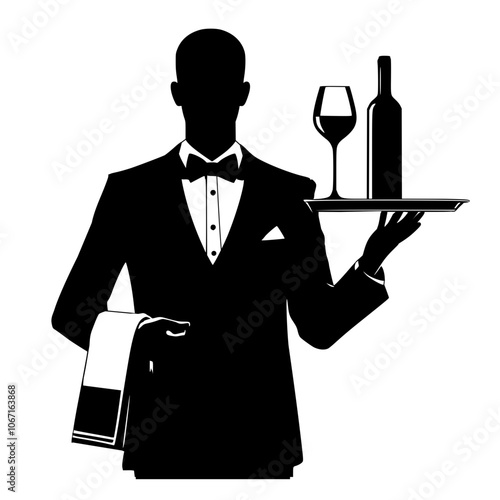 Waiter in tuxedo holding tray and bottle of wine silhouette 