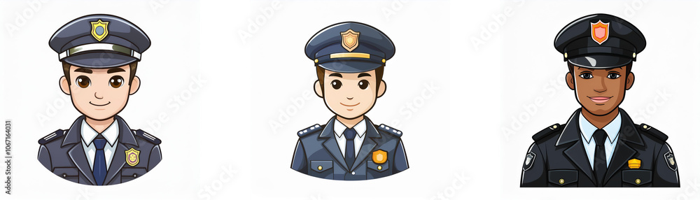 Three cartoon police officers, each with a different skin tone, are shown in a row. Three cartoon police officers, each with a different skin tone, are shown in a row.