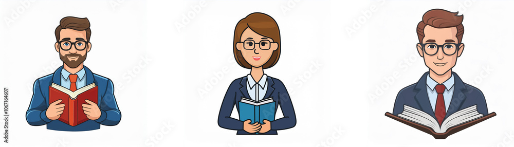 Three cartoon characters with glasses, wearing suits, and holding books. Three cartoon characters with glasses, wearing suits, and holding books.