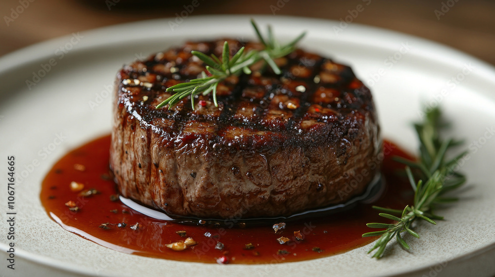Juicy filet mignon with a red wine sauce, elegant plating, fine dining ambiance Juicy filet mignon with a red wine sauce, elegant plating, fine dining ambiance