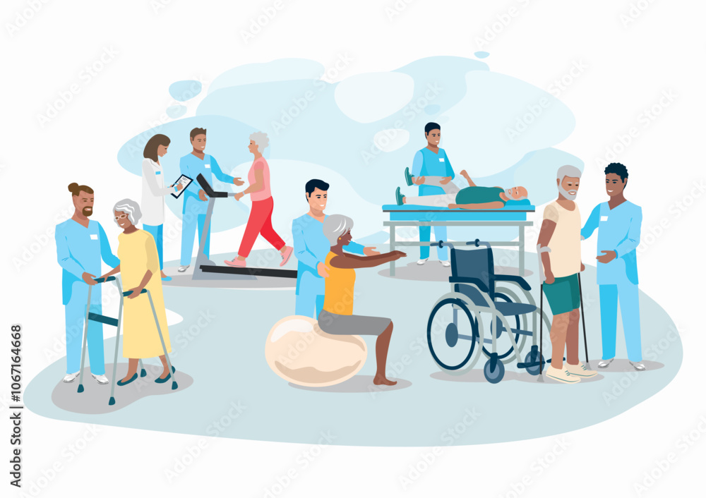 Happy elderly patients undergoing orthopedic rehabilitation with a physiotherapist. Rehabilitation of elderly people. Health recovery after illnesses and injuries. Flat vector illustrations. Happy elderly patients undergoing orthopedic rehabilitation with a physiotherapist. Rehabilitation of elderly people. Health recovery after illnesses and injuries. Flat vector illustrations.