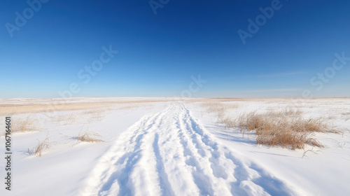 serene winter landscape with snow covered path leading through vast, open field under clear blue sky. untouched snow and sparse grass create peaceful, tranquil scene