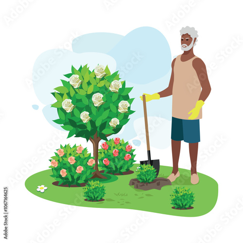 Happy elderly man planting ornamental plants in his garden. Active pensioners. Vector illustration.