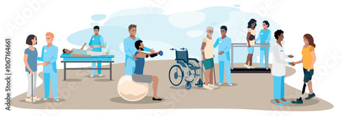 Happy patients of different ages, genders and nationalities undergo orthopedic rehabilitation with a physiotherapist. Rehabilitation center. Health recovery after illnesses and injuries. Flat vector