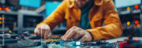 Engineer in a yellow jacket working on circuit boards in a tech lab with glowing electronic components photo