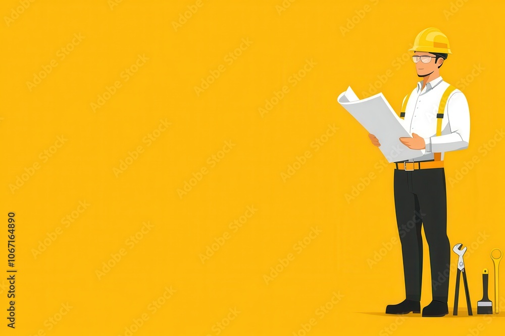 Vector illustration of an engineer in a hard hat holding blueprints, standing beside construction tools Vector illustration of an engineer in a hard hat holding blueprints, standing beside construction tools