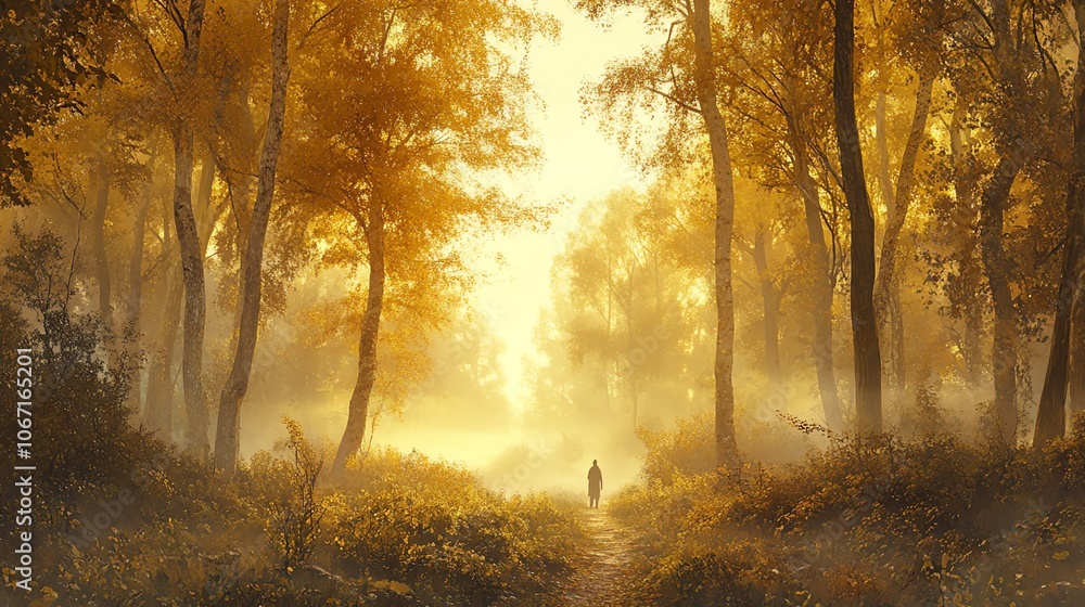 Fototapeta premium Capture a serene, misty forest with towering trees, a mysterious figure walking in the distance, bathed in golden light, rendered in realistic detail