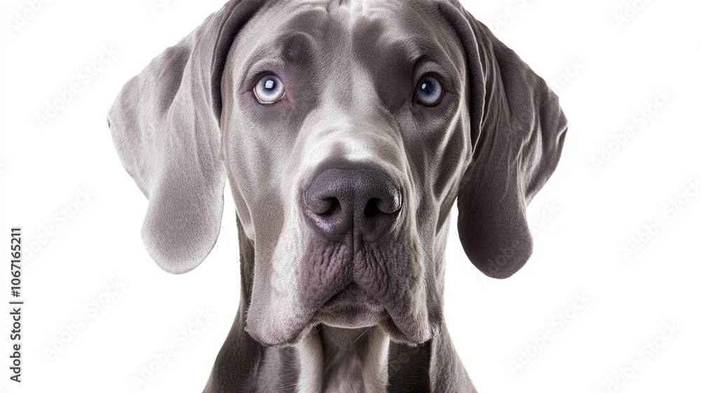 Great Dane with calm expression on a white background, illustrating a gentle demeanor despite large size. Great Dane with calm expression on a white background, illustrating a gentle demeanor despite large size.