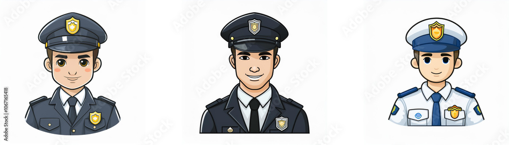 Three cartoon police officers with different uniforms. Three cartoon police officers with different uniforms.