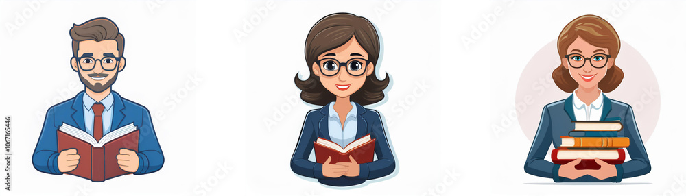 Three people are depicted with glasses, a blue suit jacket, and a white collared shirt, reading or holding books. Three people are depicted with glasses, a blue suit jacket, and a white collared shirt, reading or holding books.