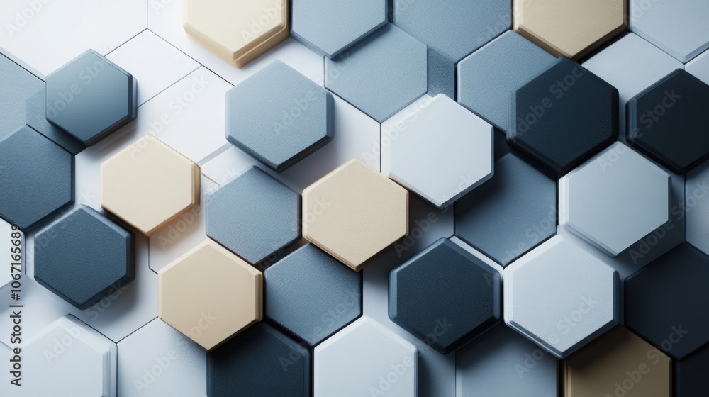 A group of 3D hexagons, each with a different matte color, arranged in a grid pattern against a light gray background. A group of 3D hexagons, each with a different matte color, arranged in a grid pattern against a light gray background.