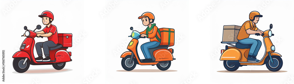 Three cartoon illustrations of delivery drivers riding scooters, each with a different colored scooter and delivery box. Three cartoon illustrations of delivery drivers riding scooters, each with a different colored scooter and delivery box.
