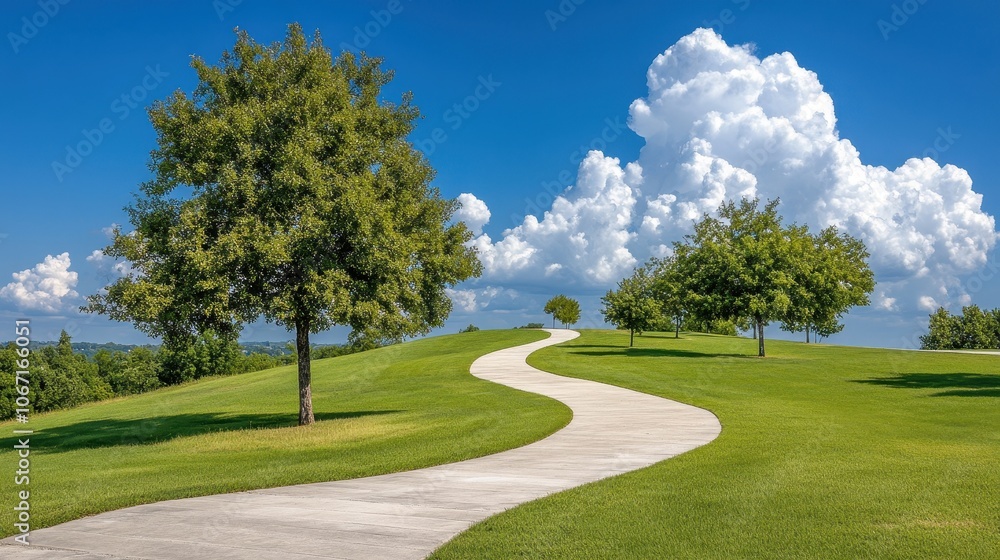 Path winding through a farm mimicking a graph curve, concept of progress in agriculture Path winding through a farm mimicking a graph curve, concept of progress in agriculture