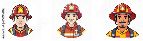 Three cartoon illustrations of firefighters with different facial features and skin tones wearing fire helmets and uniforms.