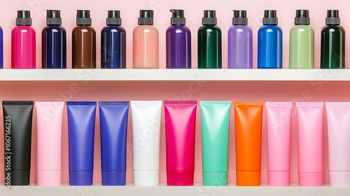 A vibrant display of colorful bottles and tubes arranged neatly on a shelf, showcasing skincare or cosmetic products in various shades.