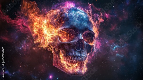 Burning skull against a pure black background.