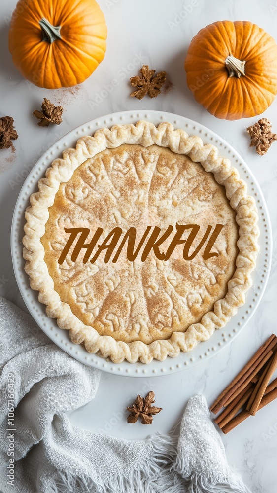 Pie crust with 'Thankful' written on it, surrounded by cinnamon sticks and small pumpkins, pastel colors ,soft lighting, thanksgiving dessert, food Pie crust with 'Thankful' written on it, surrounded by cinnamon sticks and small pumpkins, pastel colors ,soft lighting, thanksgiving dessert, food