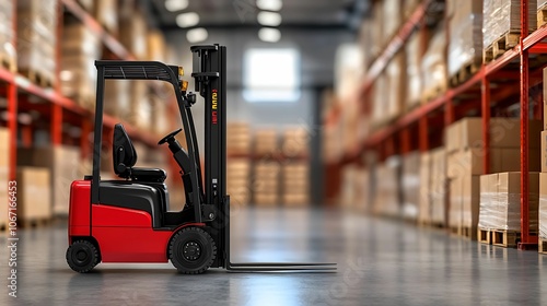 A red forklift is positioned in a spacious warehouse aisle filled with stacked boxes, showcasing an organized storage environment.