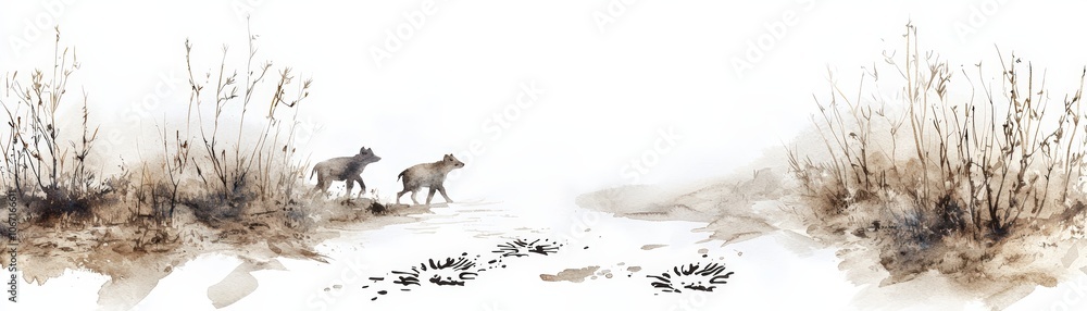 Obraz premium A serene landscape featuring two wolves walking through a misty scene, surrounded by soft grass and delicate brush.