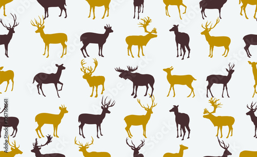 Deer seamless pattern. Christmas and New Year's endless border. New Year's deer pattern. Seamless repeat pattern. Cartoon gold and black doodles. Vector pattern, design textiles, packaging, paper. photo