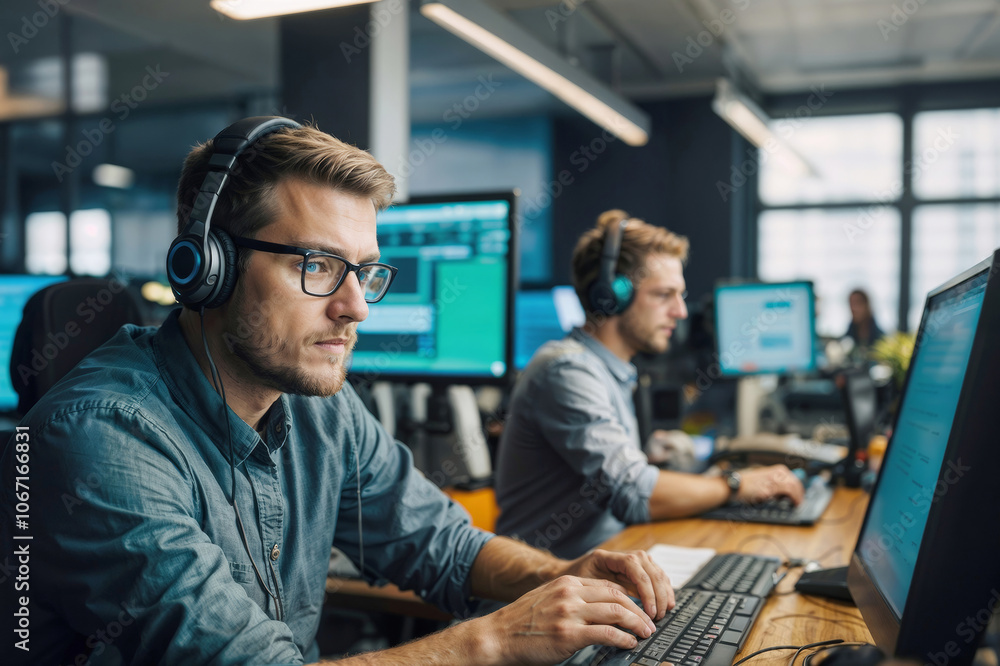 Two men a team of startup software developers codes a new application project together in an office Two men a team of startup software developers codes a new application project together in an office