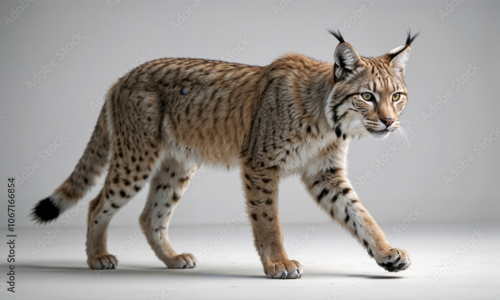 A majestic lynx prowls gracefully, showing off its spotted fur, tufted ears, and intense gaze. The lynx's sleek, muscular body and alert stance highlight its elegance and predatory nature A majestic lynx prowls gracefully, showing off its spotted fur, tufted ears, and intense gaze. The lynx's sleek, muscular body and alert stance highlight its elegance and predatory nature