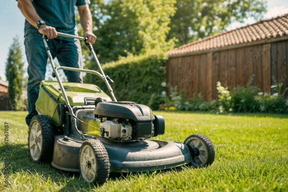 Man using lawn mower to cut grass in his beautiful home garden on a sunny summer day Man using lawn mower to cut grass in his beautiful home garden on a sunny summer day