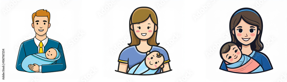 Three cartoon people, a man and two women, are holding a baby in their arms. Three cartoon people, a man and two women, are holding a baby in their arms.