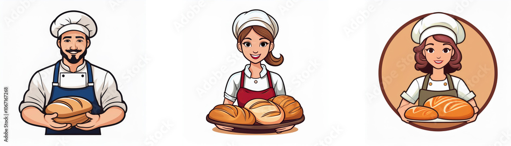 Three bakers in chef hats holding fresh baked bread.