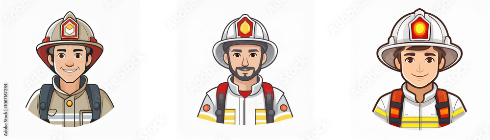 Three cartoon firefighters with different hairstyles are shown in a line from left to right. Three cartoon firefighters with different hairstyles are shown in a line from left to right.