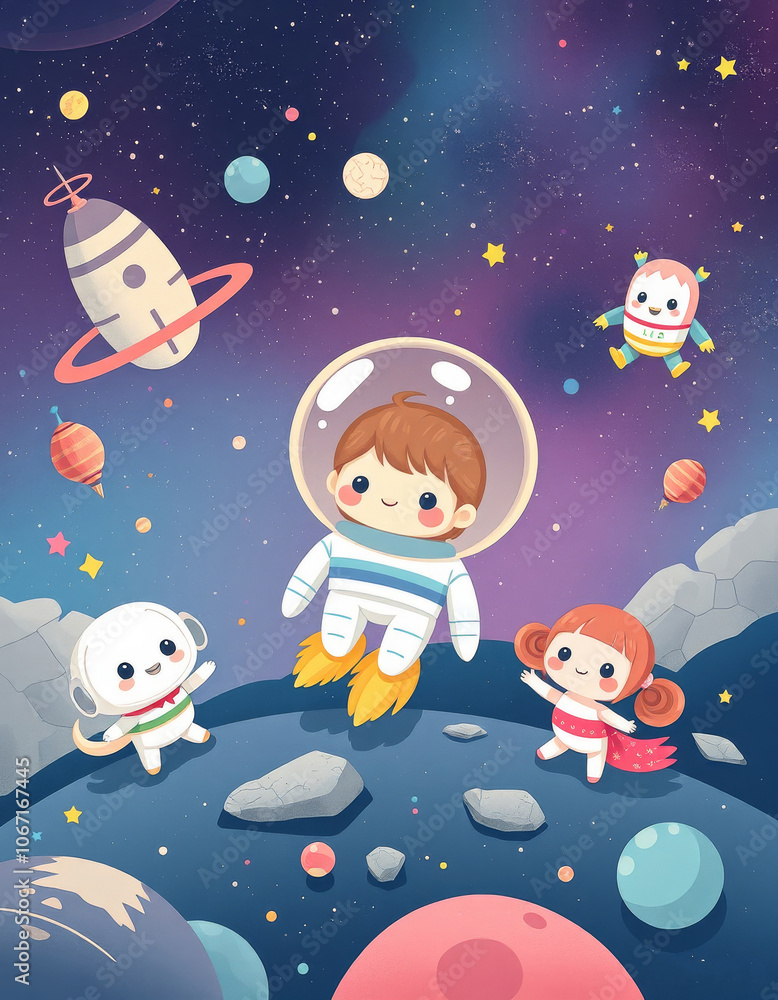 Adorable cartoon astronauts and space creatures in a colorful cosmic adventure Adorable cartoon astronauts and space creatures in a colorful cosmic adventure