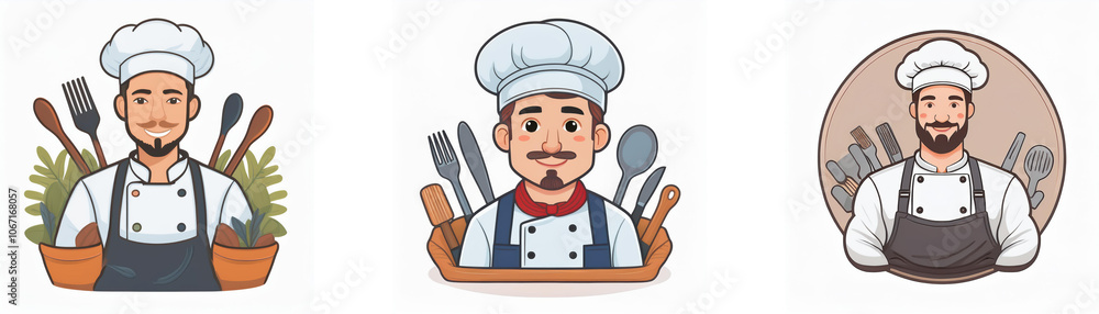 Three cartoon chefs, each with a different apron style, are depicted with various kitchen tools around them. Three cartoon chefs, each with a different apron style, are depicted with various kitchen tools around them.