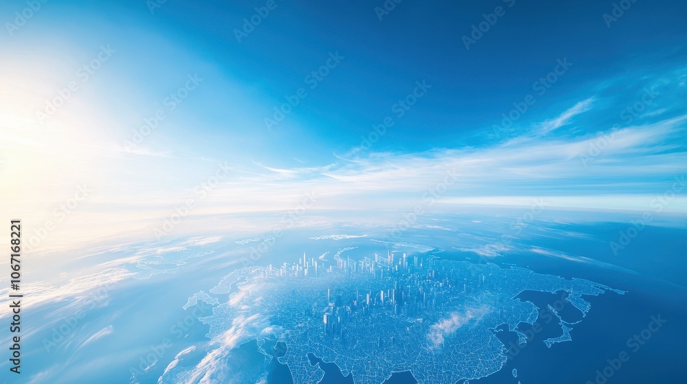 Fototapeta premium Aerial view airplane of a vibrant landmarks city skyline on world map surrounded by serene blue skies and ocean, creating a tranquil and expansive atmosphere.