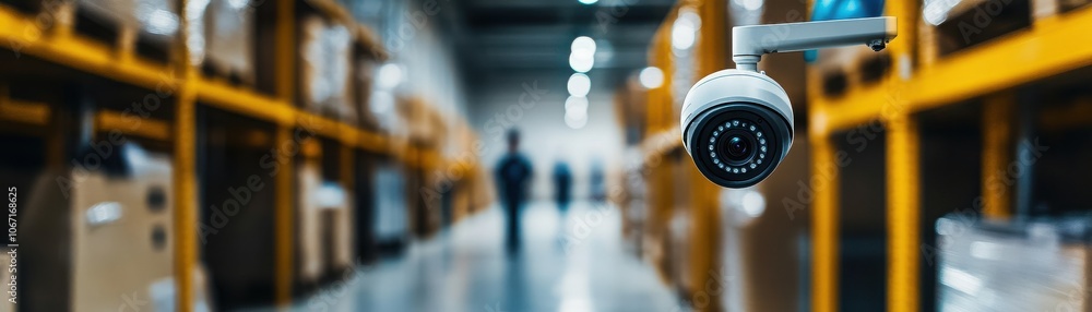 Fototapeta premium Security camera monitors a warehouse environment, ensuring safety and surveillance within storage areas filled with boxes and inventory.