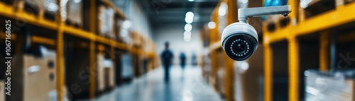 Security camera monitors a warehouse environment, ensuring safety and surveillance within storage areas filled with boxes and inventory.