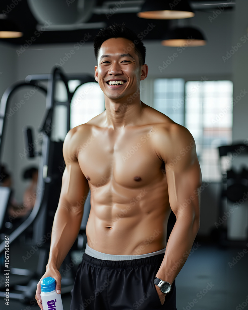 asian man is posing in the gym with a cheerful expression and carrying a bottle asian man is posing in the gym with a cheerful expression and carrying a bottle